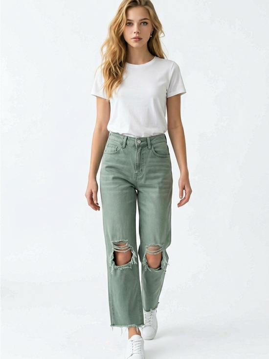 Vervet Denim - High-Rise Sage Green Distressed Wide Leg Jeans